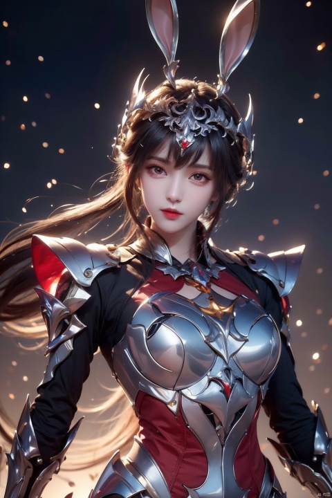  masterpiece,best quality,extremely high detailed,intricate,8k,HDR,wallpaper,cinematic lighting,(universe:1.4),dark armor,glowing eyes,anthropomorphic rabbit mecha,holding a sword,red jewel on sword, xiaowu