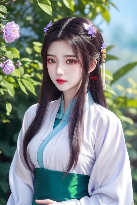  1 girl, solo, long white hair, shiny green eyes, detailed eyes, blink and youll miss it detail, silk hanfu, white robe hanfu, purple glittering butterflies, outdoors, flower garden, high quality, ancient chinese hanfu, floral background, very detailed, (\meng ze\)