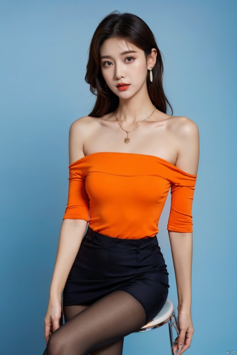  (fashion cover), high quality, masterpiece, 1 girl, full body, pantyhose, high heels, black eyes, blue gemstone earrings, necklace, bare shoulders, orange background, blue shirt, black pantyhose, High Chair,HM, xiqing