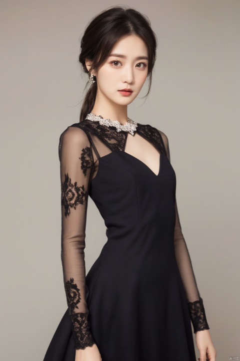 best quality, masterpiece, photorealistic, realistic, 1girl, solo, long black hair, straight hair, looking at viewer, cowboy shot, standing, dress,White silk dress, long sleeves, bow, lace, simple background, , depth of field, moyou,