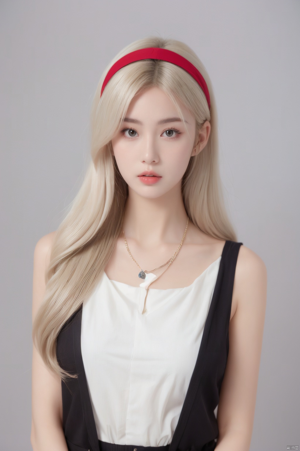  1girl,solo,long hair,necklace,white hair,hairband,looking at viewer,jewelry,realistic,upper body,lips,grey background,bangs,simple background,blonde hair,brown eyes,(closed mouth:1.1),red lips,