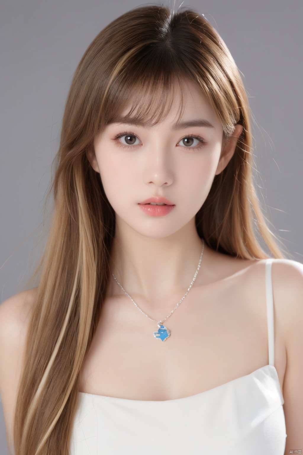  1girl,solo,long hair,necklace,colorful_hair,looking at viewer,jewelry,realistic,upper body,lips,grey background,bangs,simple background,blonde hair,brown eyes,(closed mouth:1.1),red lips,