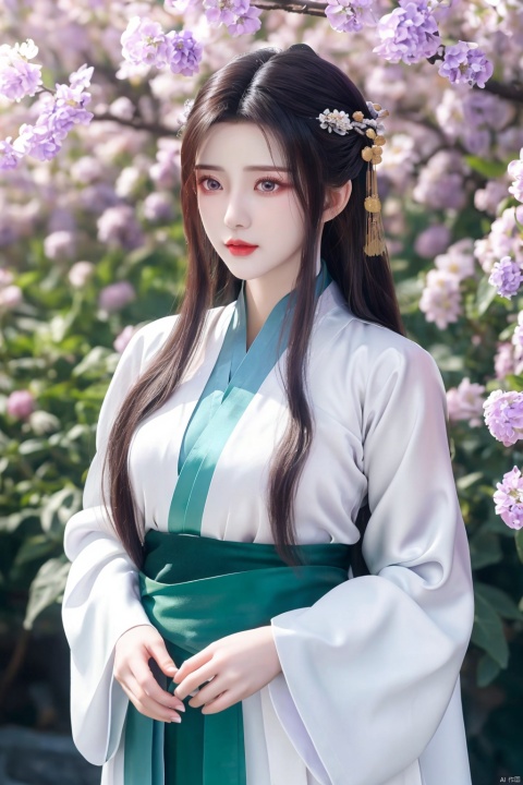  1 girl, solo, long white hair, shiny green eyes, detailed eyes, blink and youll miss it detail, silk hanfu, white robe hanfu, purple glittering butterflies, outdoors, flower garden, high quality, ancient chinese hanfu, floral background, very detailed, (\meng ze\)