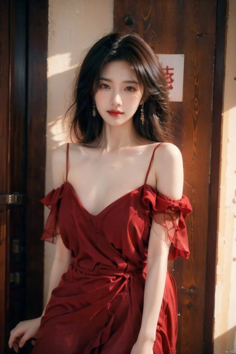 sdmai, hongchen, 1girl, solo, dress, red dress, black hair, realistic, breasts, jewelry, earrings, looking at viewer, bare shoulders