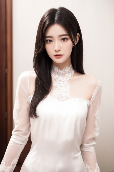 best quality, masterpiece, photorealistic, realistic, 1girl, solo, long black hair, straight hair, looking at viewer, cowboy shot, standing, dress,White silk dress, long sleeves, bow, lace, simple background, , depth of field, moyou,