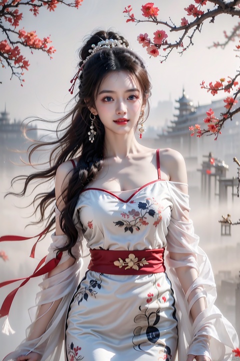  best quality, masterpiece,cowboy_shot,(Good structure),,a girl,xianjing,Off-the-shoulder, bust photo,upper body,Hanfu, Cloud, Smoke,branch,flower, smile,Gaze at the audience, Ink scattering_Chinese style, ((poakl)), ,looking_at_viewer,kind smile, , chinese dress,white dress, liuyifei,long_hair