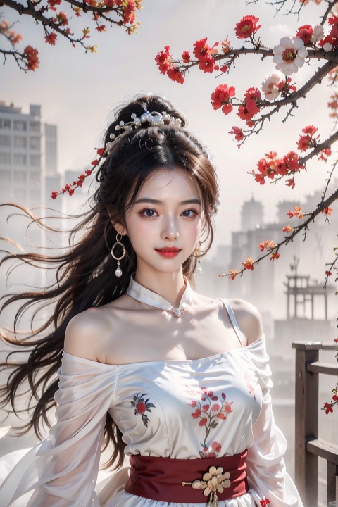  best quality, masterpiece,cowboy_shot,(Good structure),,a girl,xianjing,Off-the-shoulder, bust photo,upper body,Hanfu, Cloud, Smoke,branch,flower, smile,Gaze at the audience, Ink scattering_Chinese style, ((poakl)), ,looking_at_viewer,kind smile, , chinese dress,white dress, liuyifei,long_hair