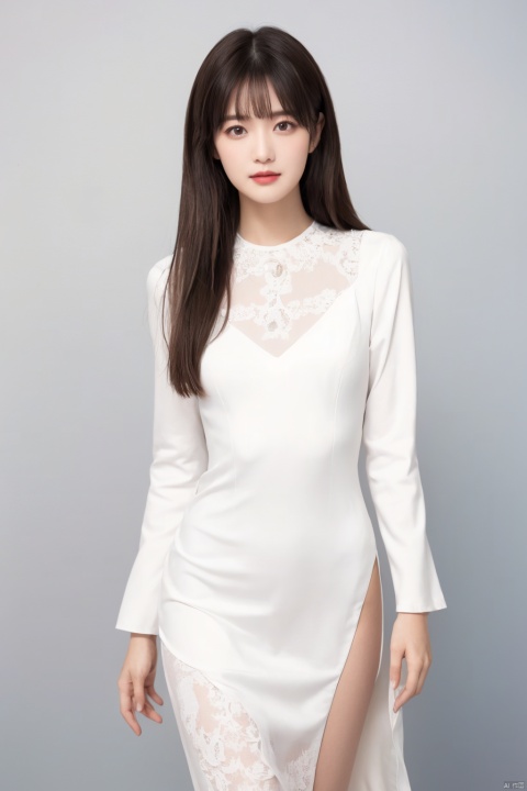  best quality, masterpiece, photorealistic, realistic, 1girl, solo, long black hair, straight hair, blunt bangs, looking at viewer, cowboy shot, standing, cyb dress,White silk dress, long sleeves, bow, lace, simple background, , depth of field, moyou,