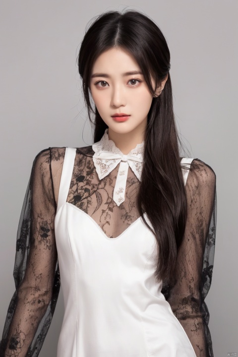 best quality, masterpiece, photorealistic, realistic, 1girl, solo, long black hair, straight hair, looking at viewer, cowboy shot, standing, dress,White silk dress, long sleeves, bow, lace, simple background, , depth of field, moyou,