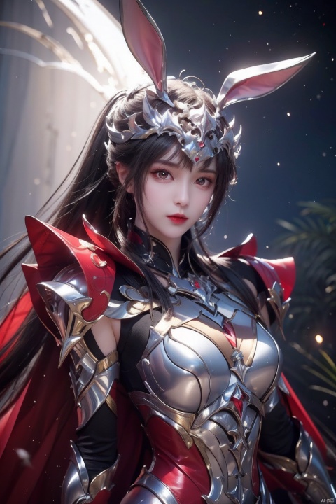  masterpiece,best quality,extremely high detailed,intricate,8k,HDR,wallpaper,cinematic lighting,(universe:1.4),dark armor,glowing eyes,anthropomorphic rabbit mecha,holding a sword,red jewel on sword, xiaowu