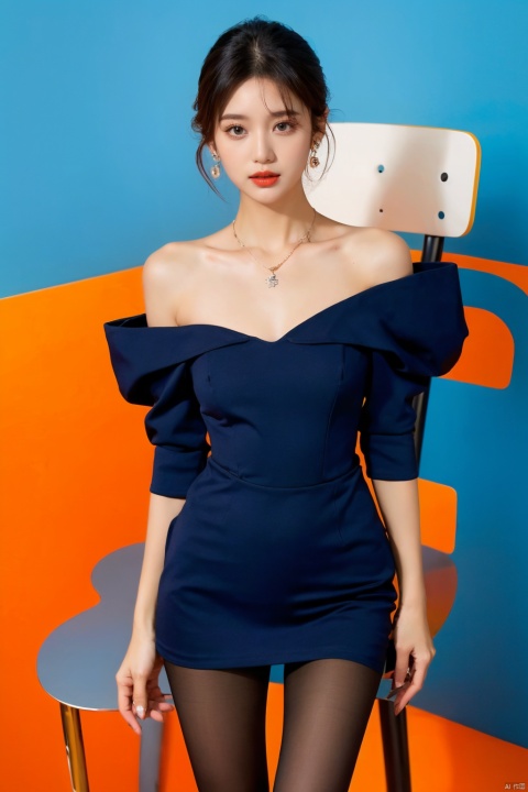  (fashion cover), high quality, masterpiece, 1 girl, full body, pantyhose, high heels, black eyes, blue gemstone earrings, necklace, bare shoulders, orange background, blue shirt, black pantyhose, High Chair,HM, xiqing