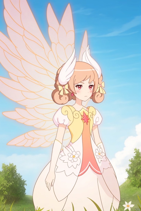 1girl, solo, brown hair, dress, flower, wings, sky, day, cloud, letterboxed, houtufeng, Stand,Fairy,