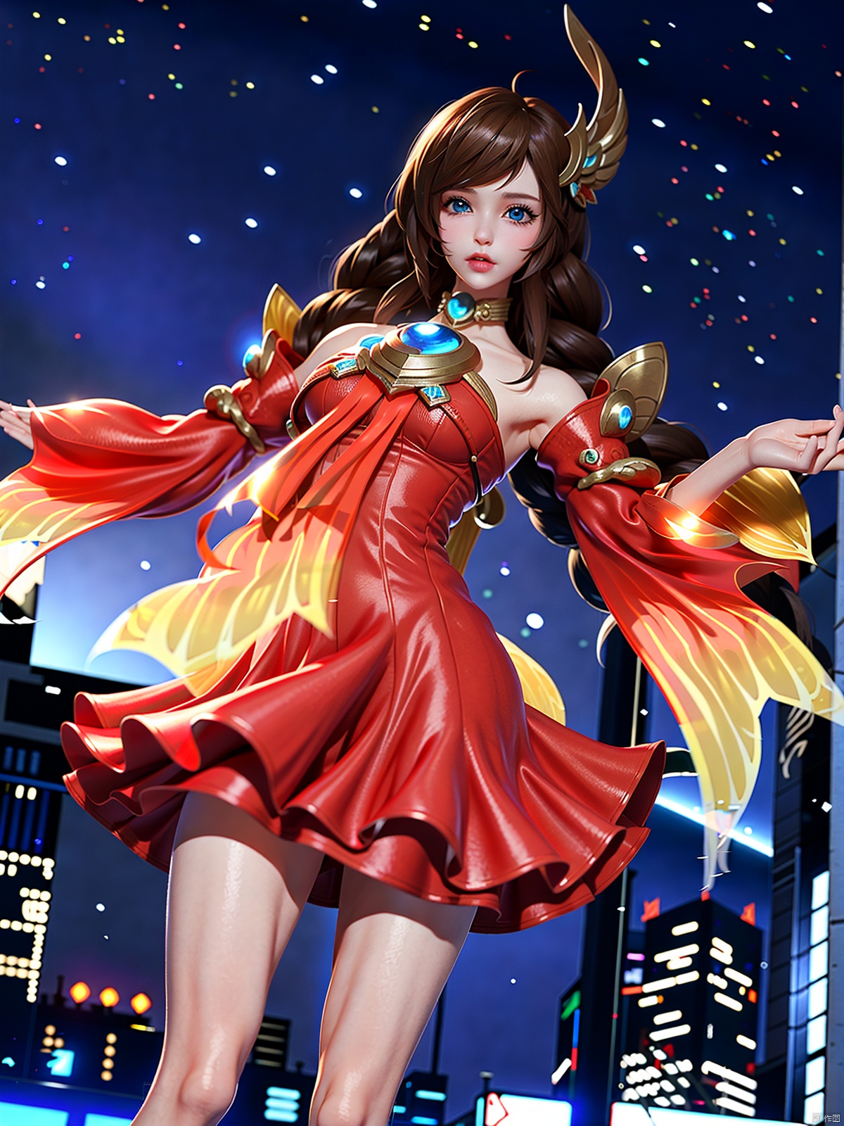  Expose female reproductive organs,Vagina exposed,naked ,WZRYdaqiaoYP, 1girl, solo, long hair, brown hair, red dress, jewelry, bare shoulders, detached sleeves, blue eyes, hair ornament,twin braids,cityscape, night, looking at viewer, mature female, hand onhip,