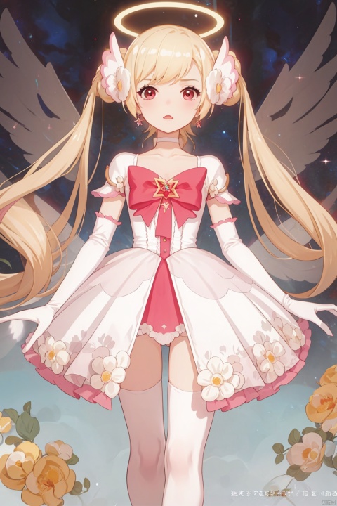  1girl, solo, long hair, looking at viewer, bangs, blonde hair, hair ornament, red eyes, thighhighs, dress, bow, twintails, jewelry, very long hair, closed mouth, underwear, standing, collarbone, panties, full body, flower, earrings, detached sleeves, wings, choker, hair flower, white dress, white panties, white thighhighs, sleeves past wrists, copyright name, ass visible through thighs, halo, no shoes, white flower, white wings