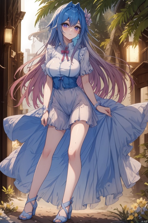 1girl, solo, long hair, looking at viewer, smile, bangs, blue eyes, hair ornament, thighhighs, dress, closed mouth, full body, pink hair, high heels, white thighhighs, petals, blue dress, 