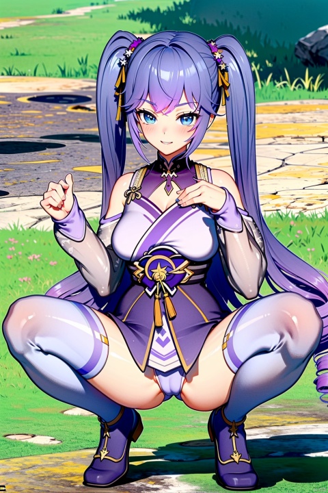  1girl, solo, thighhighs, purple hair, twintails, long hair, smile, full body, dress, very long hair, tree, blue eyes, detached sleeves, looking at viewer, standing, outdoors, white thighhighs, bangs, bare shoulders, 
spread legs, straddling,pubic_hair,naughty_face, blush, nose blush , seductive smile,Breasts and nipples exposed,Vagina exposed,
spread legs, squatting, hands_on_hips,
