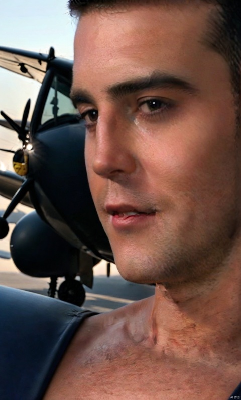  1man,Aircraft captain,male focus,(masterpiece, Realism, best quality, highly detailed,profession),exquisite facial features,handsome,muscular, in Aircraft parking area,out of Aircraft,soft lighting,blurry,xiewa, shaneball, marcoball, (\xing he\)