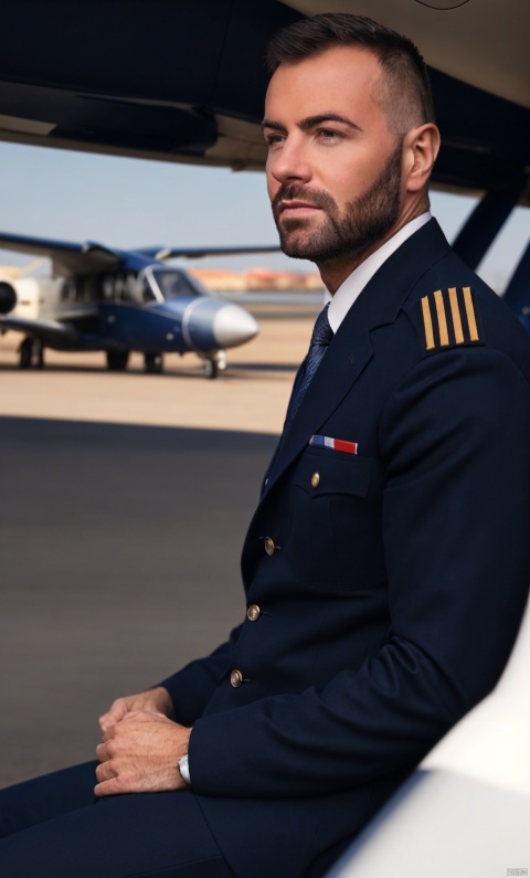  1man,Aircraft captain,male focus,(masterpiece, Realism, best quality, highly detailed,profession),exquisite facial features,handsome,muscular, in Aircraft parking area,out of Aircraft,soft lighting,blurry,xiewa, shaneball