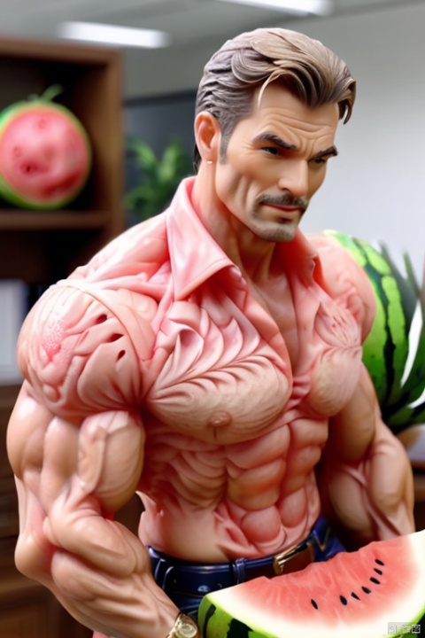  1man,male focus,Mature,(masterpiece, Realism, best quality, highly detailed,profession),exquisite facial features,handsome,muscular,see-through shirt,abs,underwear,cowboy_shot,blurry,in office, watermeloncarving