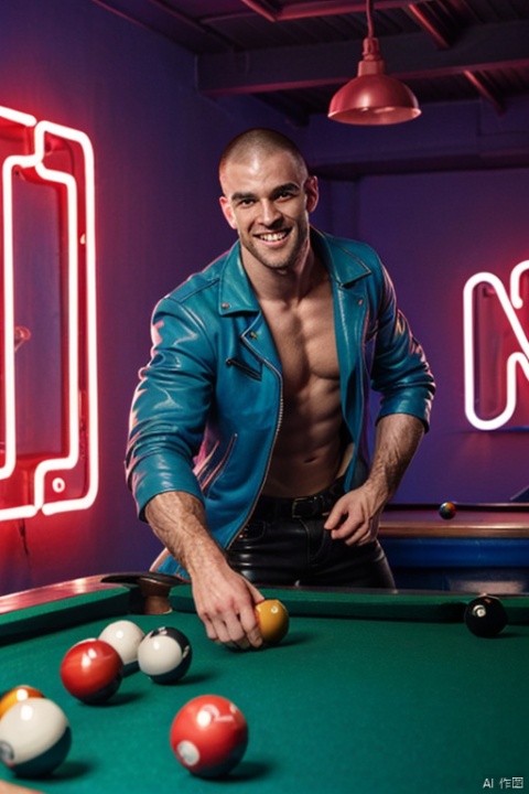  A photo of Hellboy in a vibrant night club wearing leather jacket, playing pool. (heavy rock hand:1.1).
(neon lights:1.2), blurry, pastel colors, smiling, pool balls
 best quality, masterpiece, shaneball