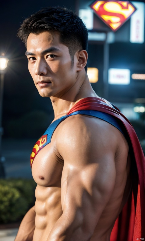  1man,superman,(masterpiece, realistic, Realism, best quality, highly detailed, 8K Ultra HD, sharp focus, profession),asian,exquisite facial features,deep eyes,handsome,malefocus,muscular,cape,softlighting,blurry,outdoors,cyberpunk,Dynamicangle,1man,男, SaSangAAA