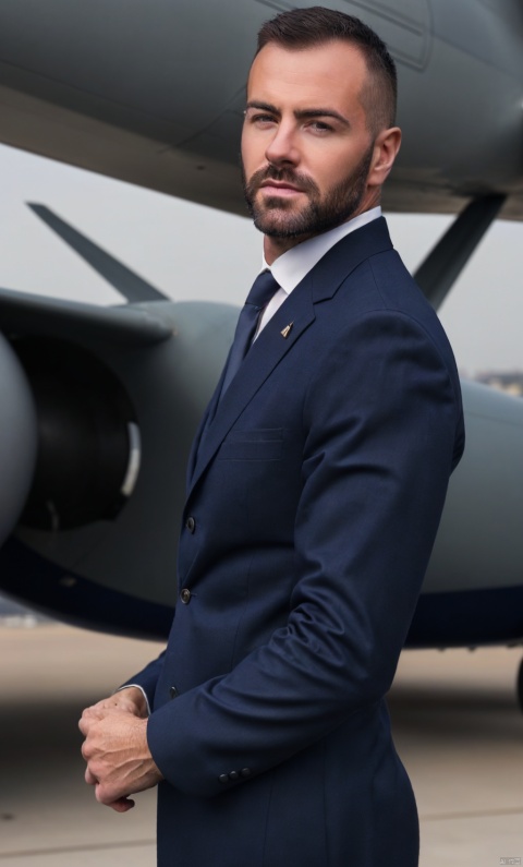  1man,Aircraft captain,male focus,(masterpiece, Realism, best quality, highly detailed,profession),exquisite facial features,handsome,muscular, in Aircraft parking area,out of Aircraft,soft lighting,blurry,xiewa, shaneball