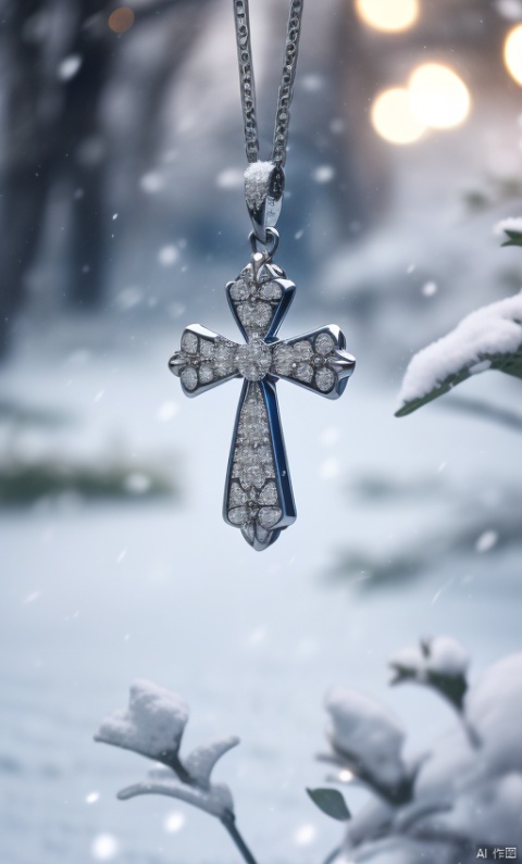 1man,topsless,blue and black color tattoo,made carelessly,flying snow, bokeh,cross pendant,