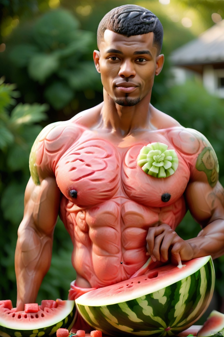  photograph of man, bokeh, sharp focus on subject, topless,(watermeloncarving:1.3)