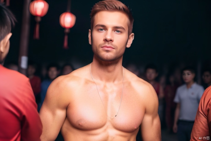  photograph of two American mans,  redhair, pale skin, freckles, blush, (topless:1.1), innocent, city lunar New Year festival, Porta 160 color, shot on ARRI ALEXA 65, bokeh, sharp focus on subject, shot by Don McCullin, sfw, Light master,underwear,upper_body