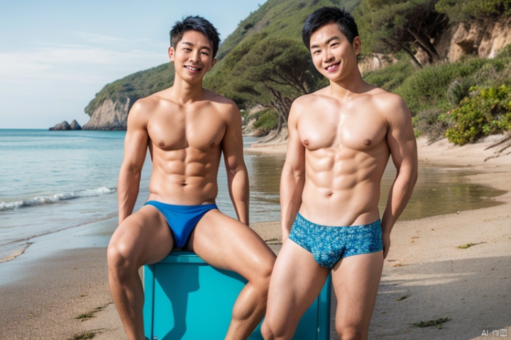 2man,(1man,asian,sea beach,topless,underwear,standing),(1man,american,sea beach,topless,underwear,sitting)