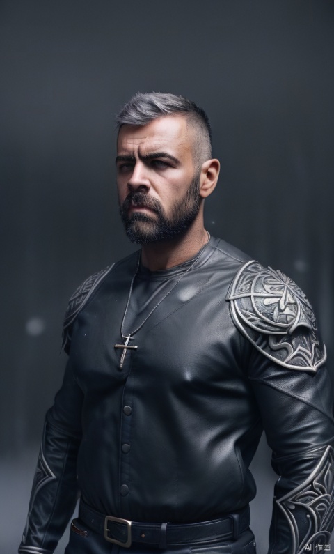  1man,On clothes - intricate patterns and ornaments. The man has gray hair. He is wearing leather armor with detailed designs and patterns. The man's skin shows tattoos of blue and black color made carelessly, the background is dark and moody with flying snow, bokeh, which gives the image a tense atmosphere.cross Pendant,
