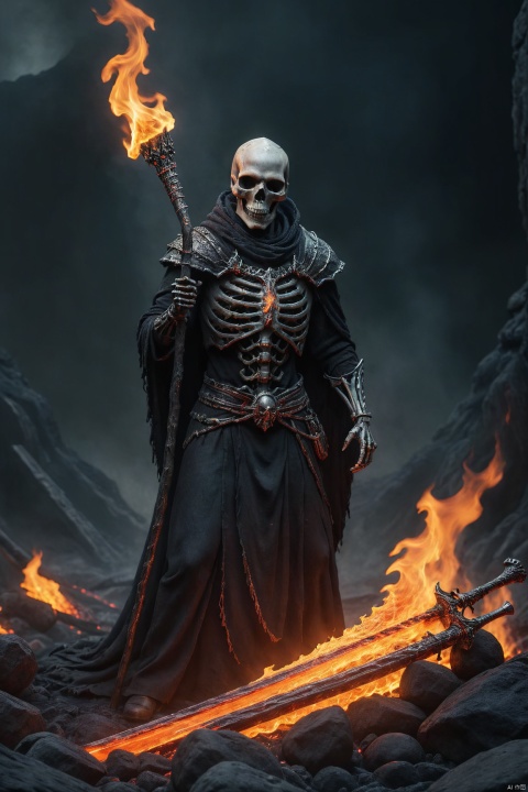  Generate hyper realistic image of a macabre scene of an undead pyromancer, wreathed in flames, casting dark fire spells amidst the skeletal remains of fallen foes. The background features a foreboding, lava-filled abyss, adding to the sinister ambiance of the Dark Souls universe. highly detailed, sharp focus.8k, photography style, dnaball