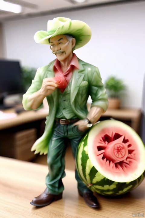  1man,male focus,Mature,孙悟空,cowboy_shot,blurry,in office, watermeloncarving
