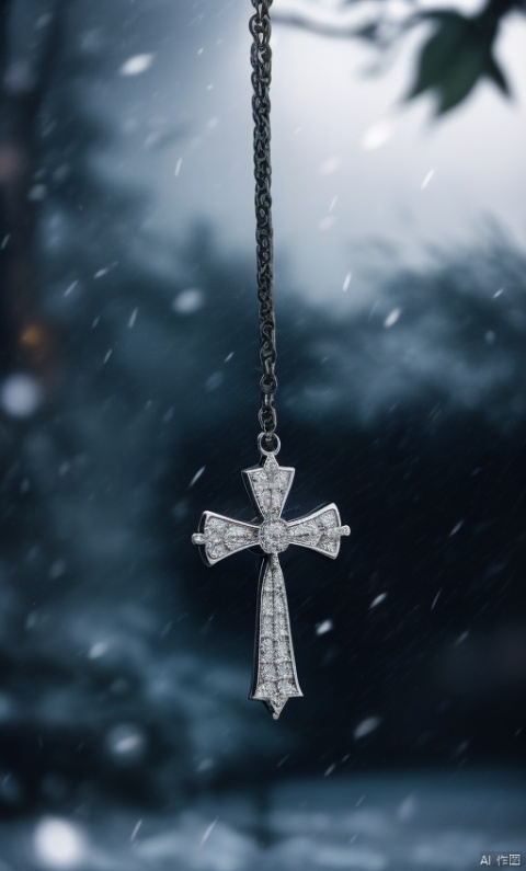 1man,topsless,The man's skin shows tattoos of blue and black color made carelessly, the background is dark and moody with flying snow, bokeh, which gives the image a tense atmosphere.cross Pendant,