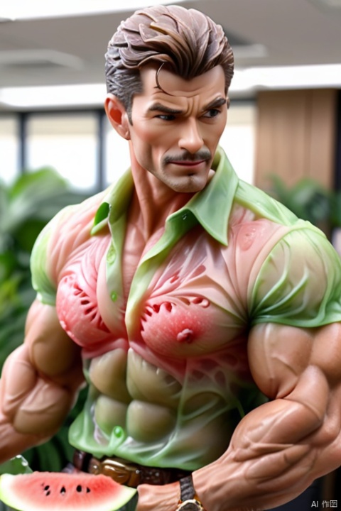  1man,male focus,Mature,(masterpiece, Realism, best quality, highly detailed,profession),exquisite facial features,handsome,muscular,see-through shirt,abs,underwear,cowboy_shot,blurry,in office, watermeloncarving