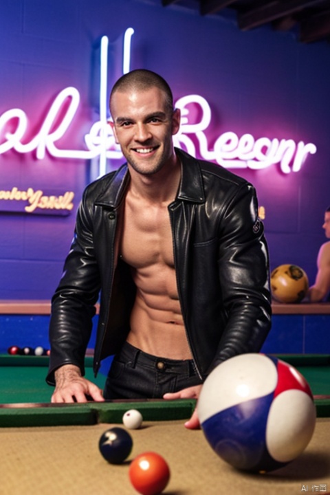  A photo of Hellboy in a vibrant night club wearing leather jacket, playing pool. (heavy rock hand:1.1).
(neon lights:1.2), blurry, pastel colors, smiling, pool balls
 best quality, masterpiece, shaneball