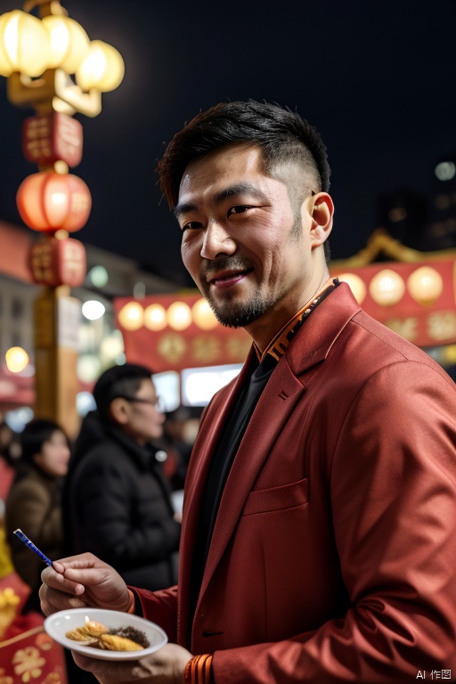  photograph of man, blackhair, city lunar New Year festival, bokeh, sharp focus on subject, 