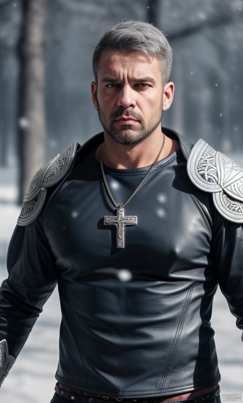 1man,On clothes - intricate patterns and ornaments. The man has gray hair. He is wearing leather armor with detailed designs and patterns. The man's skin shows tattoos of blue and black color made carelessly, the background is dark and moody with flying snow, bokeh, which gives the image a tense atmosphere.cross Pendant,