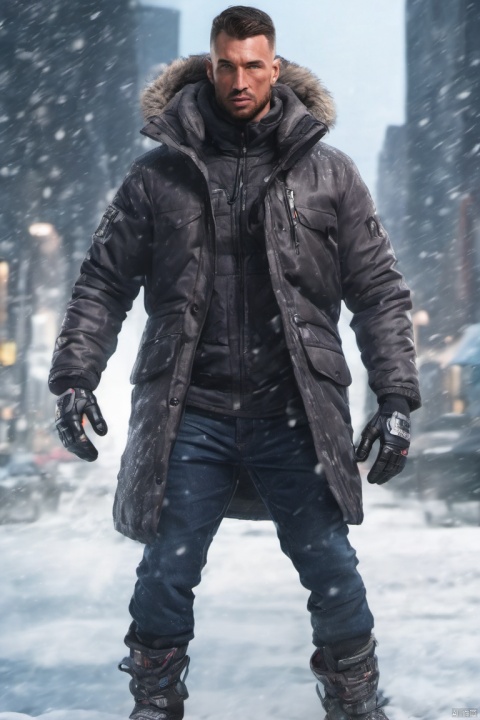  1man,(masterpiece, realistic, Realism, best quality, highly detailed, 8K Ultra HD, sharp focus, profession),exquisite facial features,handsome,tall,male focus, (down jacket),(snow_boots),gloves,armband,muscular,full body,winter,falling_snow,blurry,cyberpunk,Dynamic angle,1man, rossball