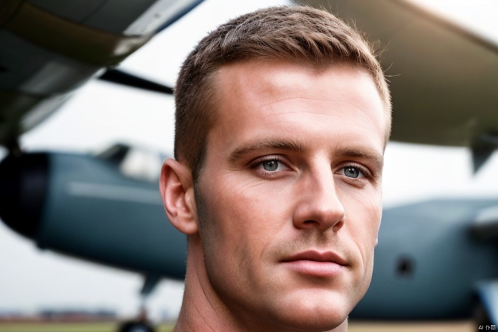  1man,Aircraft captain,male focus,(masterpiece, Realism, best quality, highly detailed,profession),exquisite facial features,handsome,muscular, in Aircraft parking area,out of Aircraft,soft lighting,blurry,eden01