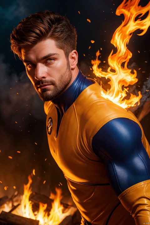  1man, auburn hair, fair skin, hero bodysuit, glowing eyes, beautiful amber eyes, (hyperdefined), natural bright colours, unusual-angle, artwork, flames, steam, complex lighting,(fine-details:1.2), absurdres, flat-colors, ultradetailed, swirling flames around man,, best quality, masterpiece, realistic, cinematic composition, (detailed background), depth of field, intricate details, 8k, detailed skin texture, detailed face, realistic eyes, male focus, photo of a man,
