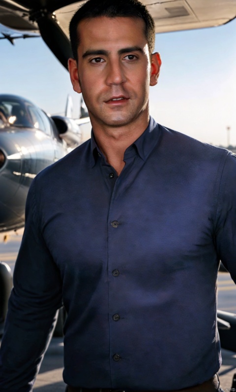  1man,Aircraft captain,male focus,(masterpiece, Realism, best quality, highly detailed,profession),exquisite facial features,handsome,muscular, in Aircraft parking area,out of Aircraft,soft lighting,blurry,xiewa, shaneball, marcoball, (\xing he\)