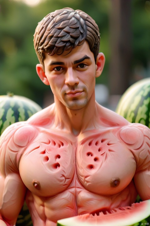  photograph of man, bokeh, sharp focus on subject, topless,watermeloncarving
