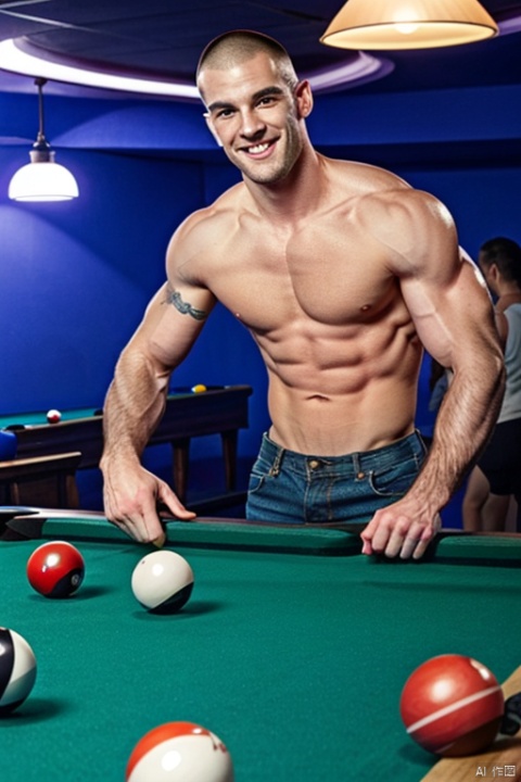  A photo of Hellboy in a vibrant night club, topless,playing pool.pastel colors, smiling, pool balls
 best quality, masterpiece, shaneball