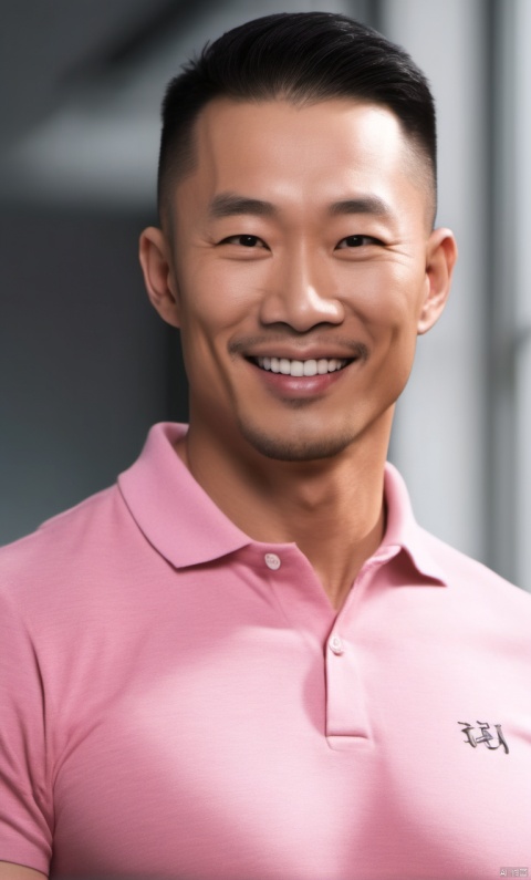  1man,Asian,male focus,Mature,(masterpiece, Realism, best quality, highly detailed,profession),exquisite facial features,handsome,smile,close mouth,muscular,pink polo shirt,tight breeches,Upper part of the body,soft lighting,blurry,in office, rossball