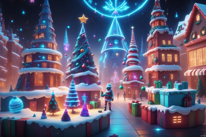  (Concept Fantasy Style) Enter a virtual reality digital Christmas. The city is built from fantasy numbers and colorful programming codes. People dressed in virtual Christmas costumes, holding digitized gifts, and experiencing Christmas cheer in the digital world through virtual glasses, are immersed in a bizarre digital wonderland!