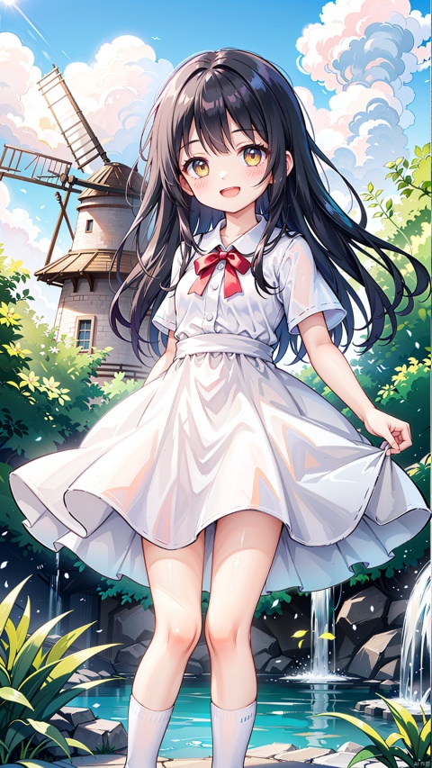  masterpiece, best quality, 1girl, long hair, (petite:1.1), loli, medium breasts, black hair, yellow eyes, white dress, frills, white socks, red bow, smile, :D, blush, distant shot,
flower plains, sun, shadow, waterfall, clouds, windmill