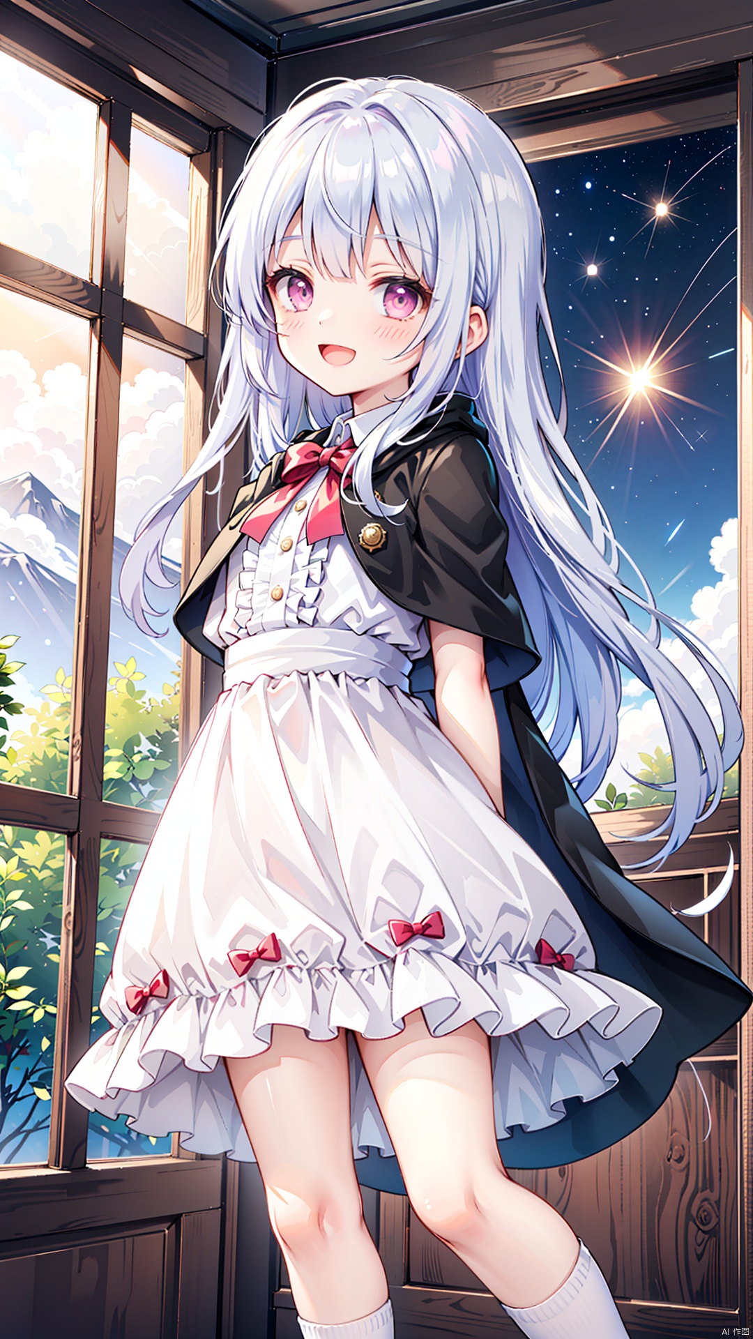  masterpiece, best quality, 1girl, long hair, (petite:1.2), loli, gray hair, pink eyes, elegant dress, (frills:1.2), coat, cape, white socks, red bow, smile, :D, blush, elegant, distant shot, straight on, arms behind back,
flower plains, starry sky, milky way, meteorites, shadow, waterfall, clouds, mountains