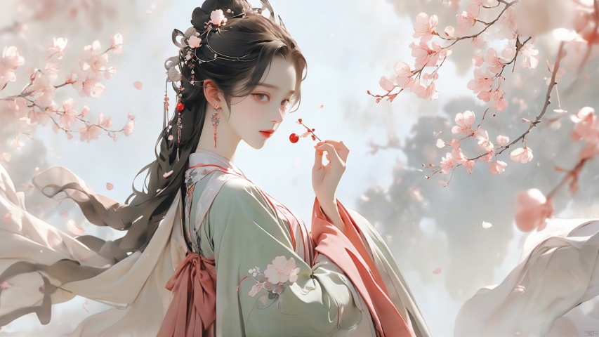  Girls, Hanfu, aestheticism, cherry, large cherry, petals fall, big scene, elegant Hanfu, dream, unreal, inceptionspace,sci-fi,汉服,guofeng,(\hui mou\)