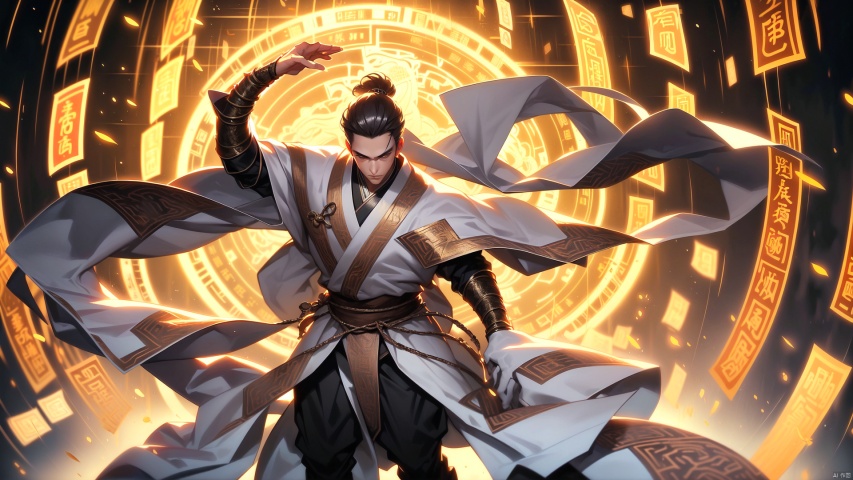  A Chinese teenager wearing a silver armor stands in the air, with characters in ancient Chinese novels shining brightly, handsome in silver clothes, gestures forming spells, martial arts immortality, palace game characters carrying gold runes around, cyberpunk style, neon lights, best image quality, 3D rendering, looking up, ultra wide angle, fisheye, lens focusing on the whole body, 16K, ultra high definition, high resolution, very detailed, best image quality,1 girl